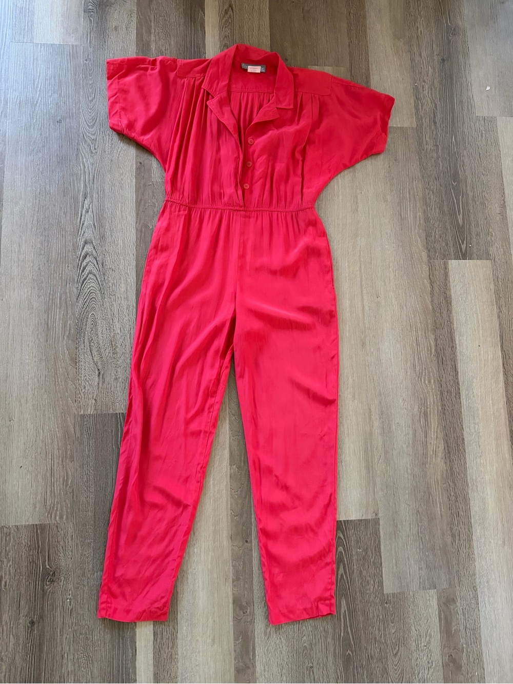 Bright Red Button-Front Short Sleeve Jumpsuit